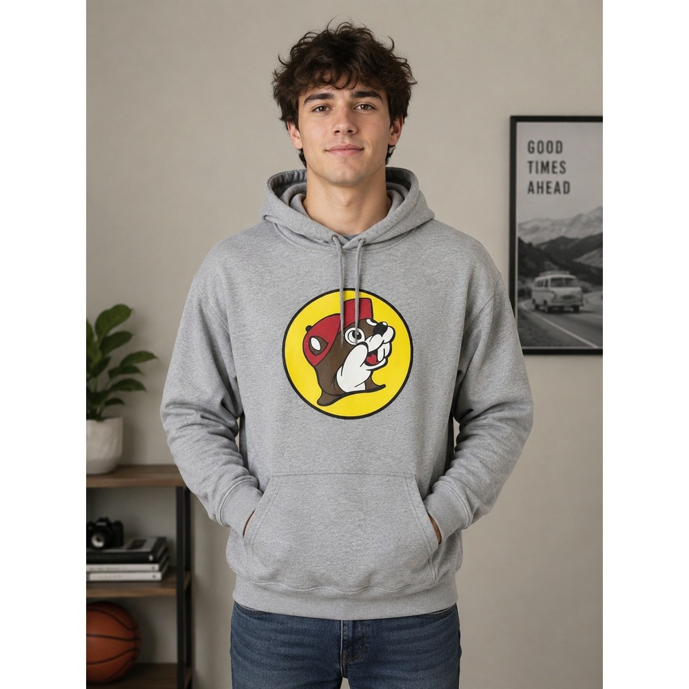 Buc-ee's Beaver Logo Hoodie Mens M Gray Graphic Pullover Sweatshirt Fall Winter